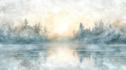 Misty Sunrise Over A Tranquil Lake In A Lush Forest Landscape Painting In Blue And Golden Hues. A Calm Morning Scene.  Soft Colors.  Dreamy Sunrise. Abstract Impressionistic Painting. Watercolor