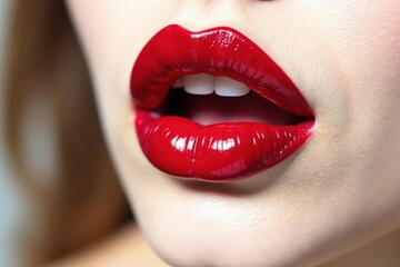 Obraz premium Bold red lips sharply contrasted on a pristine white surface, makeup, sharp