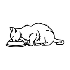 cat eating from bowl outline illustration. cat line illustration.
