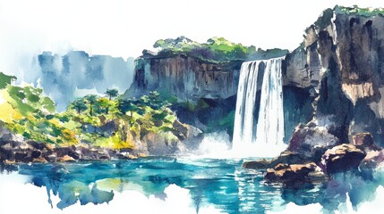 Watercolor Jeju Island Waterfall Serenity - Serene waterfall cascading down cliffs, lush greenery, tranquil pool, vibrant colors, natural beauty. Symbolising peace, nature's power, tranquility