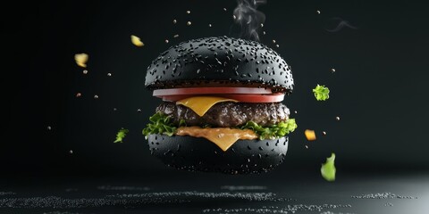 Flying black sesame bun burger with wagyu beef and truffle aioli, on a pastel black background