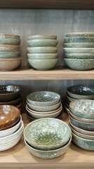 Elegant stacks of artisan ceramic bowls in earth tones on a wooden shelf evoke rustic charm.