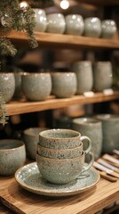 Earthy green ceramic cups are stacked on a wooden shelf, a rustic touch for kitchen decor.
