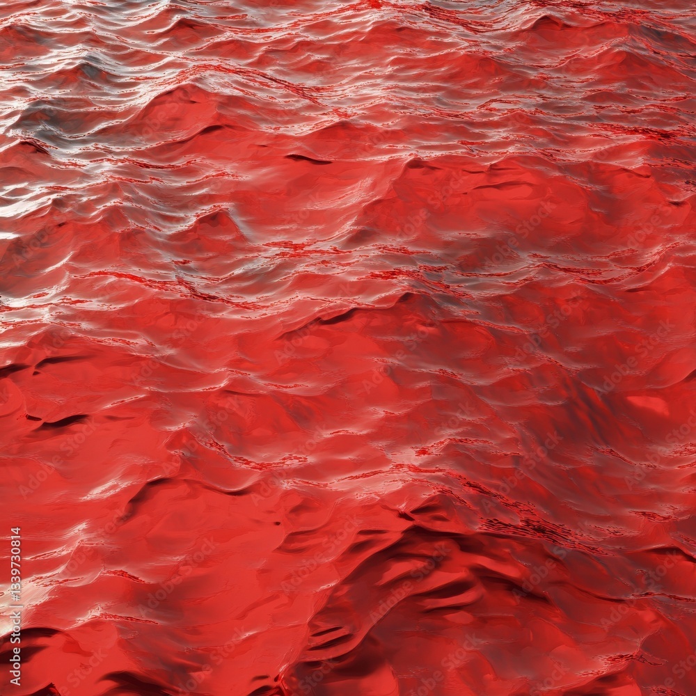 Poster crimson tide: an abstract view of a wavy, opaque red liquid with subtle reflections and a sense of m