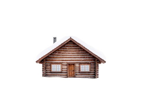 a log cabin with snow on the roof