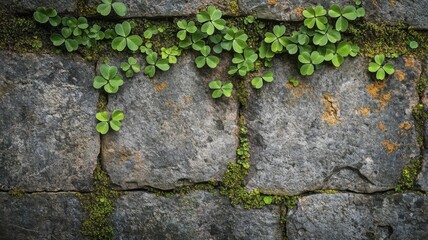Green Clover Plants Growing On A Stone Wall