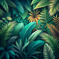A lush tropical jungle background with vibrant green foliage.