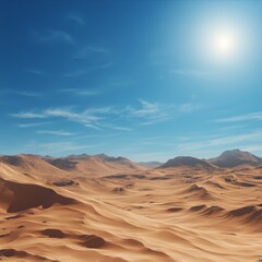 Naklejka premium Desert Landscape under Bright Blue Sky: Golden Sand Dunes Stretching to the Horizon, a hot and arid panorama.