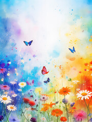 Vibrant spring landscape with flowers and butterflies in a dreamy pastel background