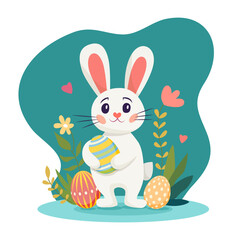 Cute rabbit with colorful eggs surrounded by flowers and leaves