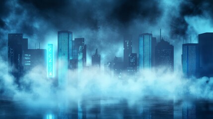Obraz premium Mystical Fog-Shrouded Cityscape: A Nighttime Metropolis in Neon Glow