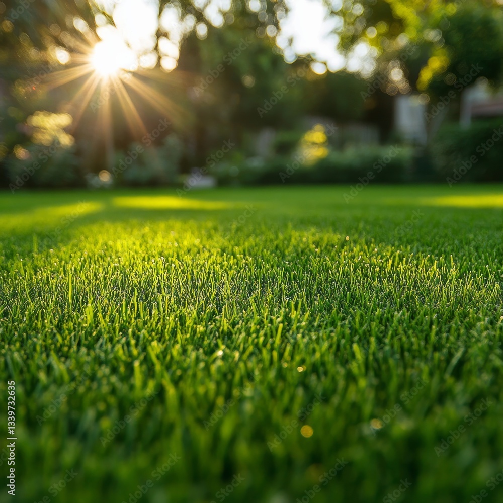 Poster Golden Hour Lawn: Sunlight Filtering Through Trees Illuminates a Lush Green Field, Creating a Serene and Tranquil Scene