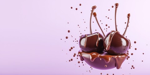 Flying chocolate covered cherries with a caramel drizzle, without splashes, on a soft lavender background