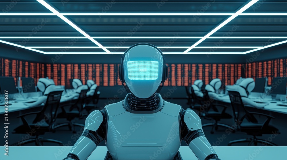 Poster a futuristic robot in a high-tech environment, illuminated by bright lights, surrounded by additiona