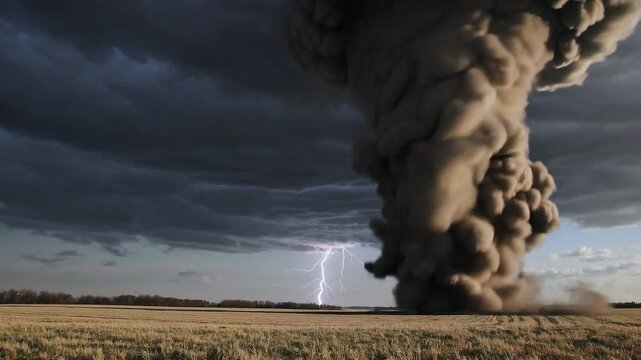 Dramatic tornado twists across open field with striking lightning in dark sky
