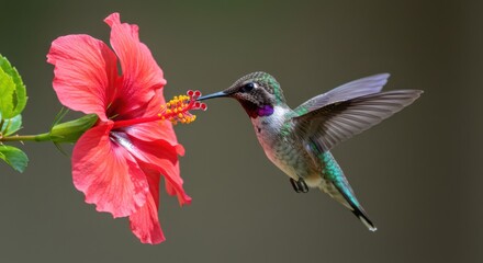 Fototapeta premium Hummingbird Feeding Nectar From Red Hibiscus Flower in Flight