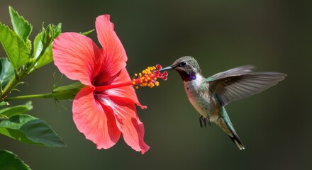 Fototapeta premium Hummingbird Feeding on Flower Nectar From a Vibrant Red Hibiscus