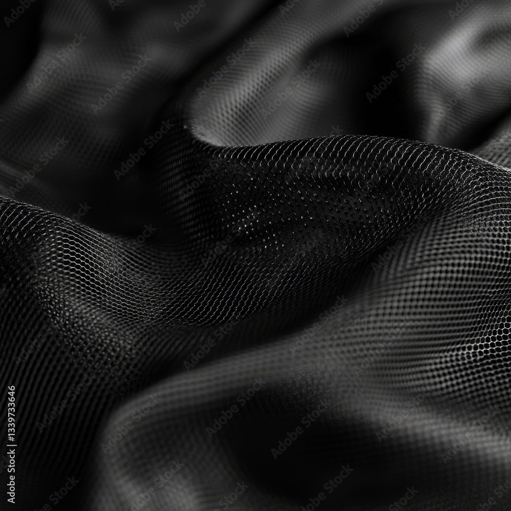 Poster intricate black mesh fabric texture: abstract dark textile background with soft folds and shadows, s