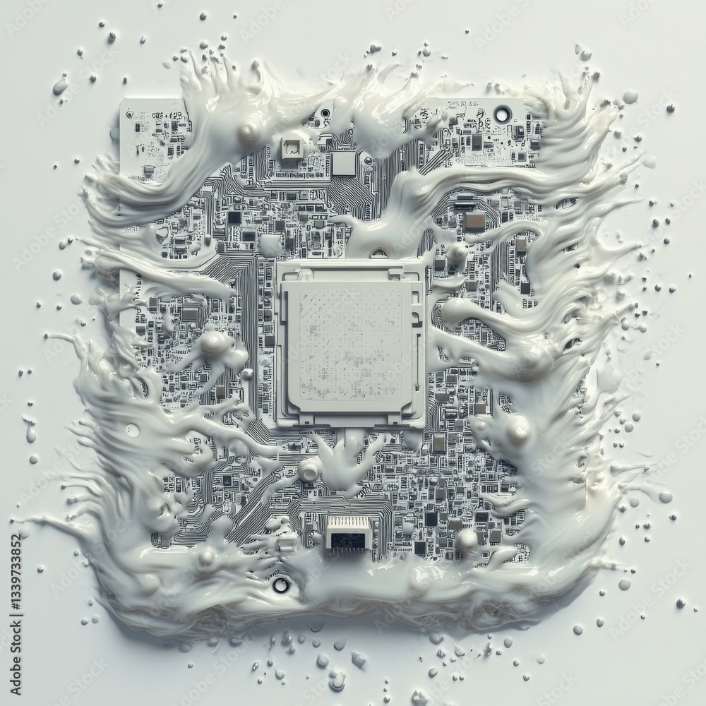 Poster liquid embrace: a motherboard submerged in flowing white fluid, showing a unique blend of technology