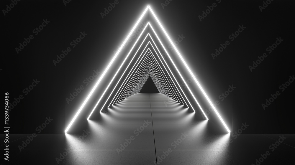Poster neon triangle tunnel: infinite depth, glowing sci-fi abstract art background 3d dark cool space ligh