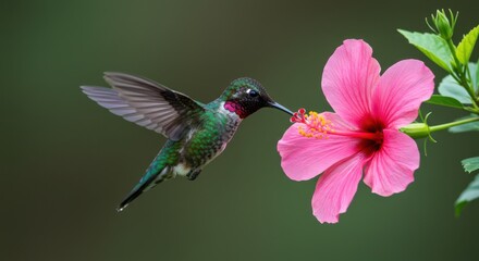 Fototapeta premium Hummingbird Hovering Near Pink Flower Extracting Nectar in Natural Habitat