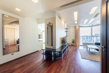 Modern Bright Home Apartment Interior with Wooden Flooring and Large Windows