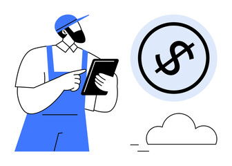 Bearded worker in cap holding tablet, dollar symbol in circle, cloud. Ideal for finance, technology, budgeting, cloud computing, saving, automation modern workforce flat simple metaphor
