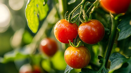 Obraz premium Ripe red cherry tomatoes growing on a branch in a greenhouse.