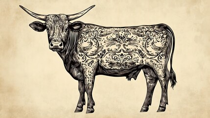 A Longhorn Cow Depicted With Intricate Ornamental Body Patterns