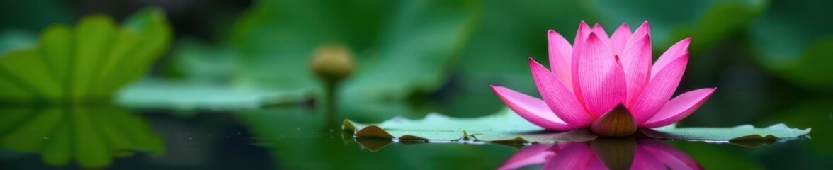 Fototapeta premium Pink lotus blossom emerging from serene pond water , peace, aroma, water lily