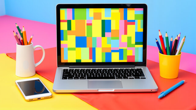 Colorful laptop mockup with transparent screen on vibrant desk setup for digital marketing materials, tech blogs, creative workspace imagery, and educational content