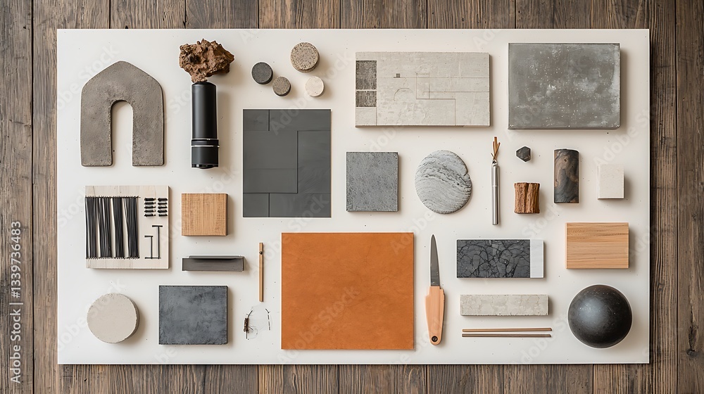 Poster assorted materials arranged on a white surface