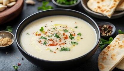 Creamy soup, garnished with fresh herbs and spices