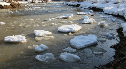 Ice Floes Floating Down a River on a Sunny Winter Day