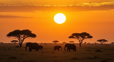 Fototapeta premium Elephant Family Grazing at Sunset in the African Savannah Landscape
