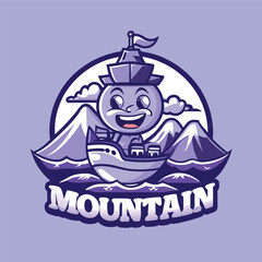 Nostalgic Mountain View with Vintage Ship Silhouette Line Art Logo Vector