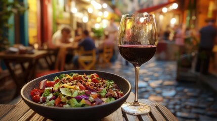 Fototapeta premium Vibrant Salad and Wine at Night in a City Street Scene During Evening Hours in a Colorful Cityscape with Restaurants and Cobblestone Streets with Warm Lighting. A Lively Outdoor Dining Experience