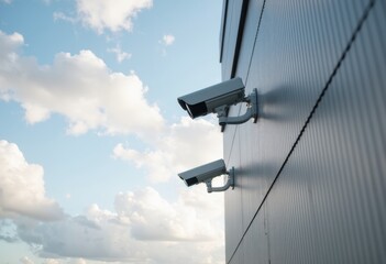 Security cameras mounted on a building against a blue sky with clouds