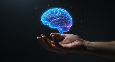 hand holding human brain hologram