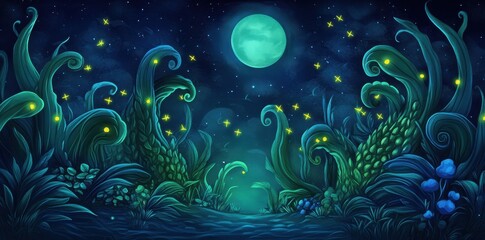 A fantastical night scene with glowing plants and a full moon