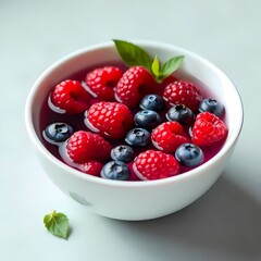 fresh raspberries, blueberries and mulberries in a bowl of water, white blue background