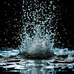 Water splashes forming star-like rays with diffused sunlight captured close-up at an acute angle on a black background.