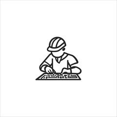 Black and White Vector Illustration of an Engineer Wearing a Hard Hat and Working on Technical Blueprint Design