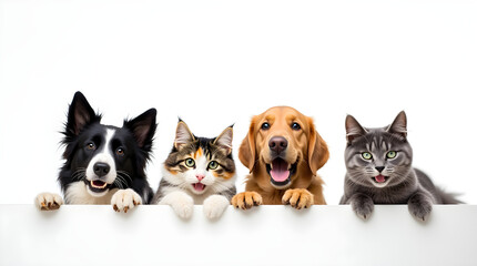 Adorable Smiling Dogs and Cats Peeking White Board Studio Shot