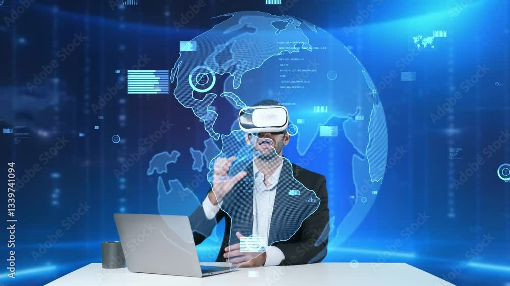 Poster project manager turn vr glasses on and present idea while looking at global communication hologram f