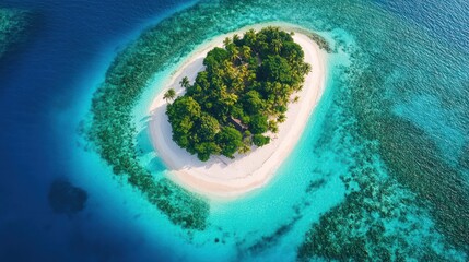 Aerial view captures an idyllic island surrounded by turquoise waters