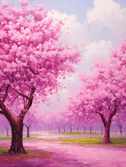 Obraz premium Spring blooms create a dreamy landscape with pastel cherry blossom trees and a serene background