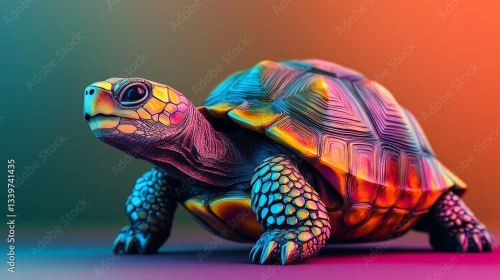 Poster colorful turtle is standing on a colorful background. the turtle is the main focus of the image, and