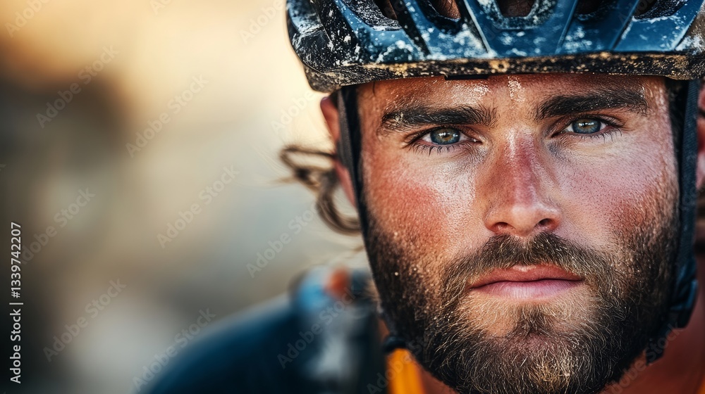 Poster man with a beard and glasses is wearing a helmet. he is looking at the camera with a serious express