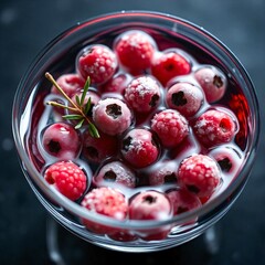 raspberries in a porcelain bowl with sugar coating sprinkled on top